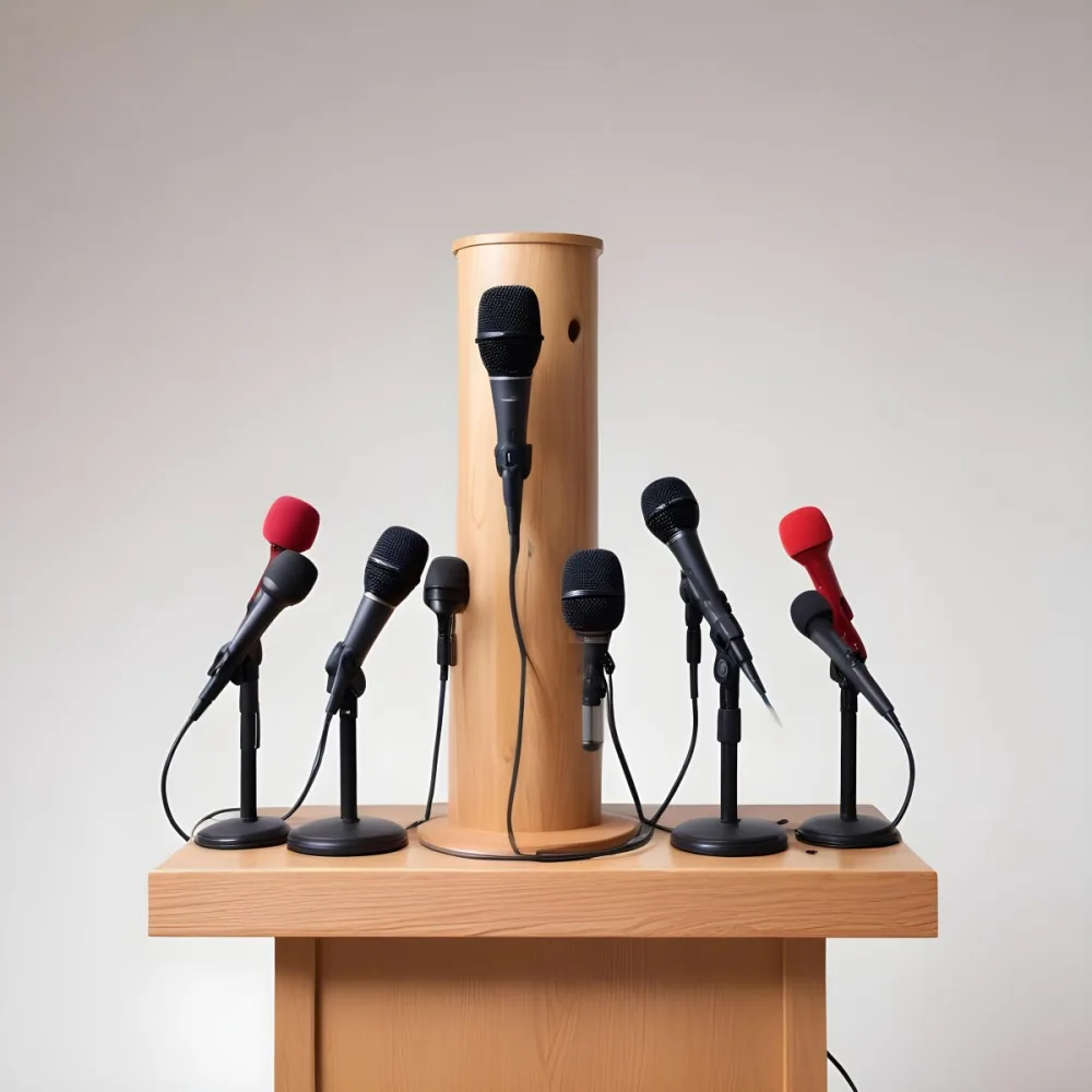 A Wooden Podium With Multiple Microphones With Different Colors In A White Background 2 A515