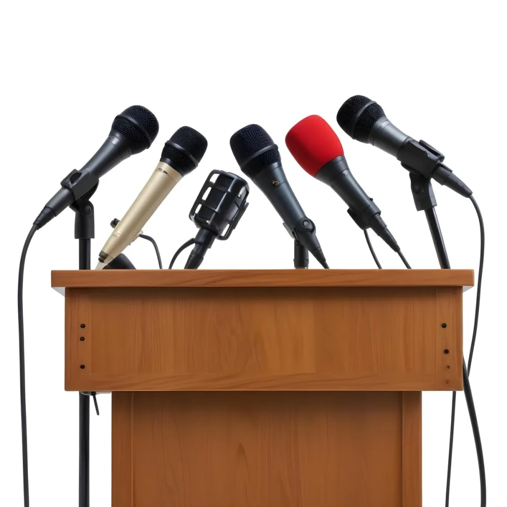 A Wooden Podium With Multiple Microphones With Different Colors In A White Background 20 4896