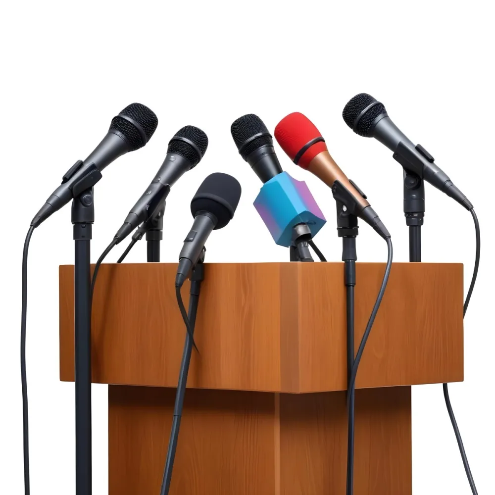 A Wooden Podium With Multiple Microphones With Different Colors In A White Background 21 Bf82