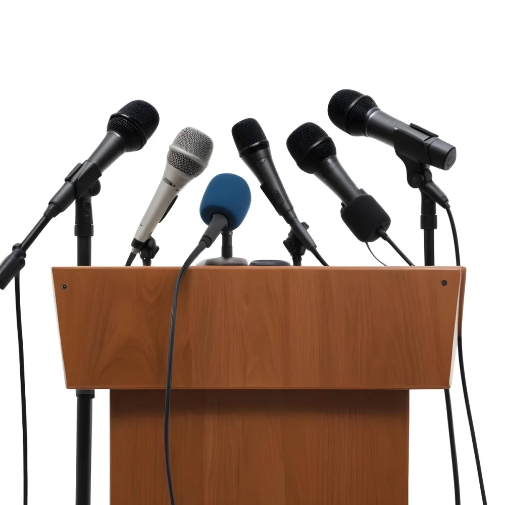 A Wooden Podium With Multiple Microphones With Different Colors In A White Background 22 09c8