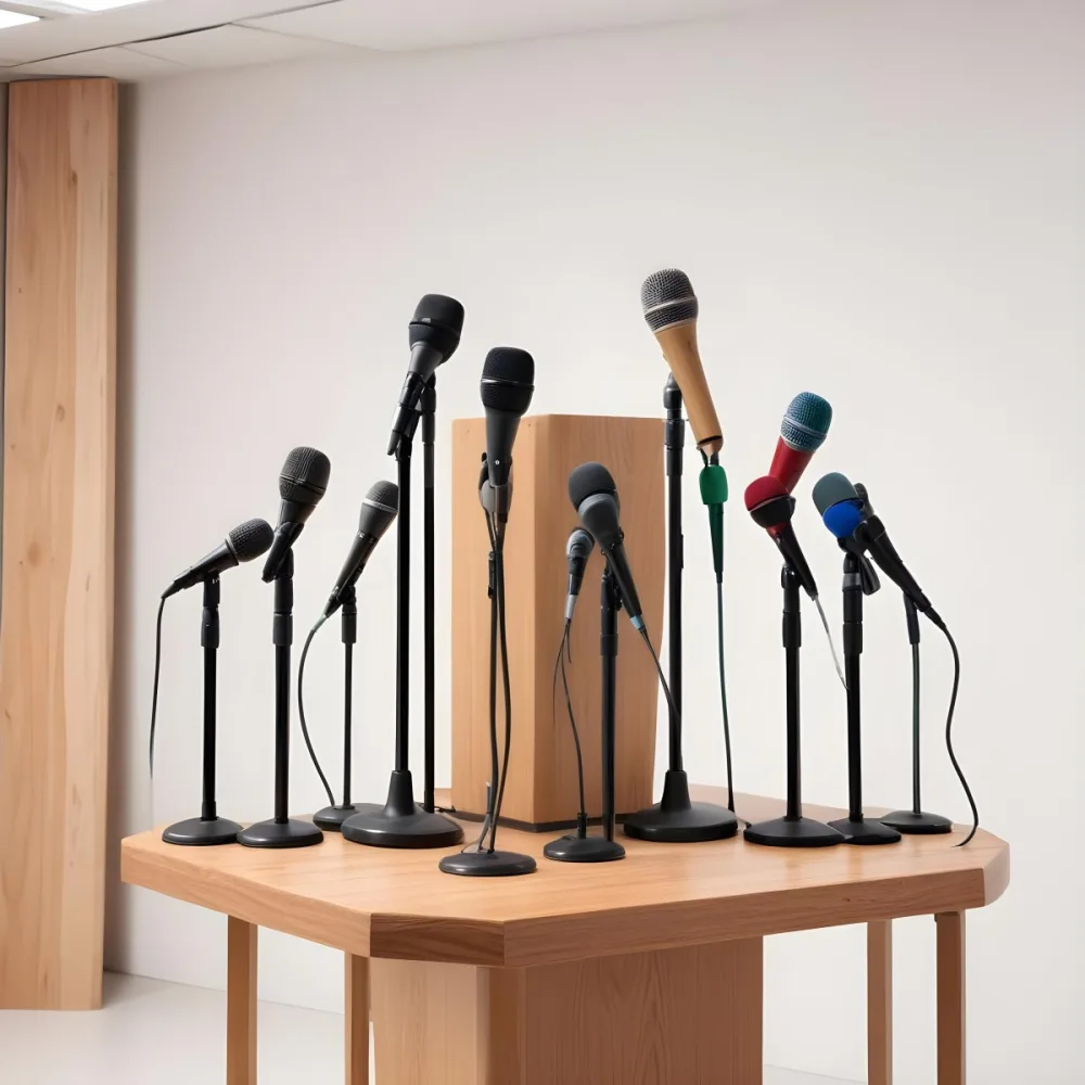 A Wooden Podium With Multiple Microphones With Different Colors In A White Background 23 892f