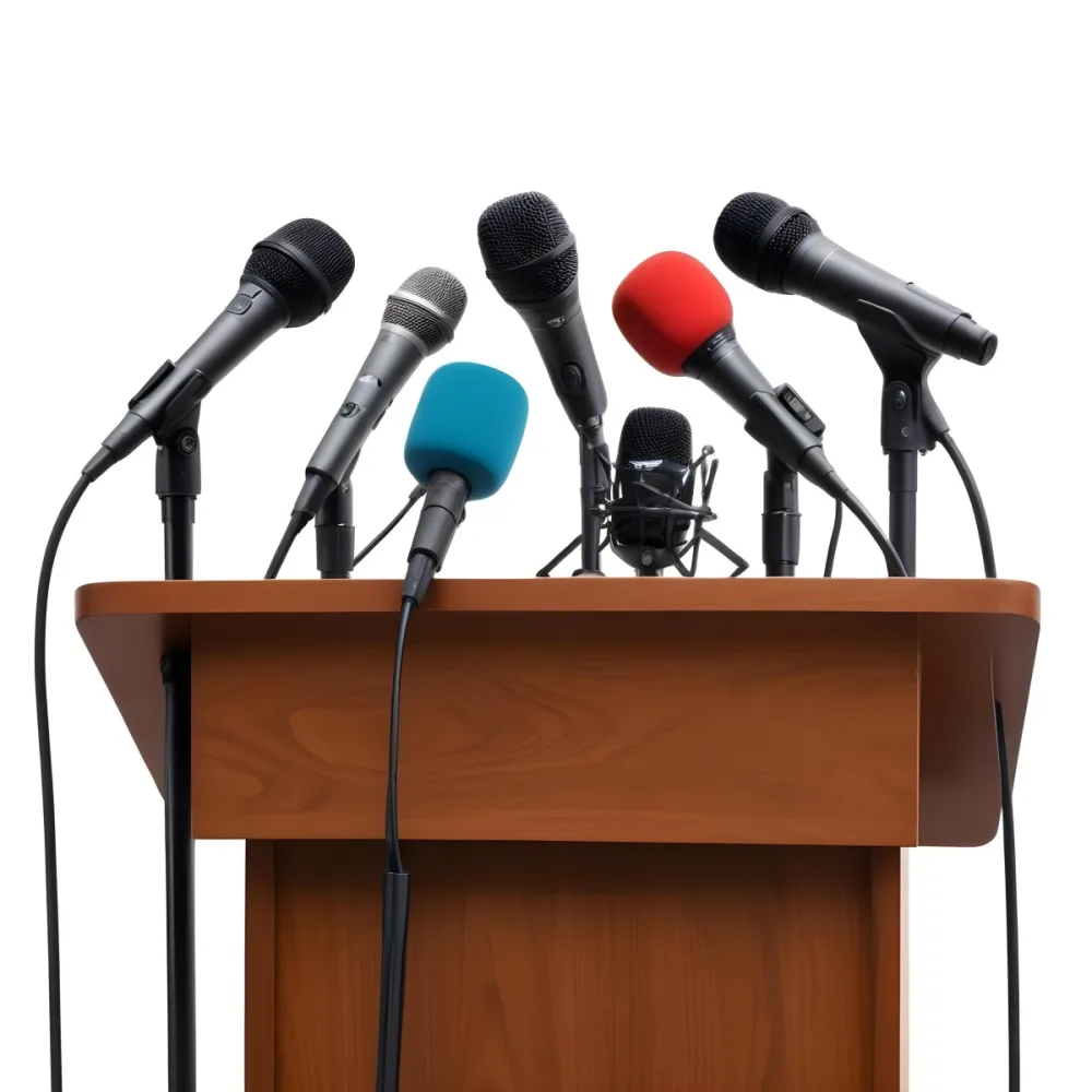 A Wooden Podium With Multiple Microphones With Different Colors In A White Background 24 17e7