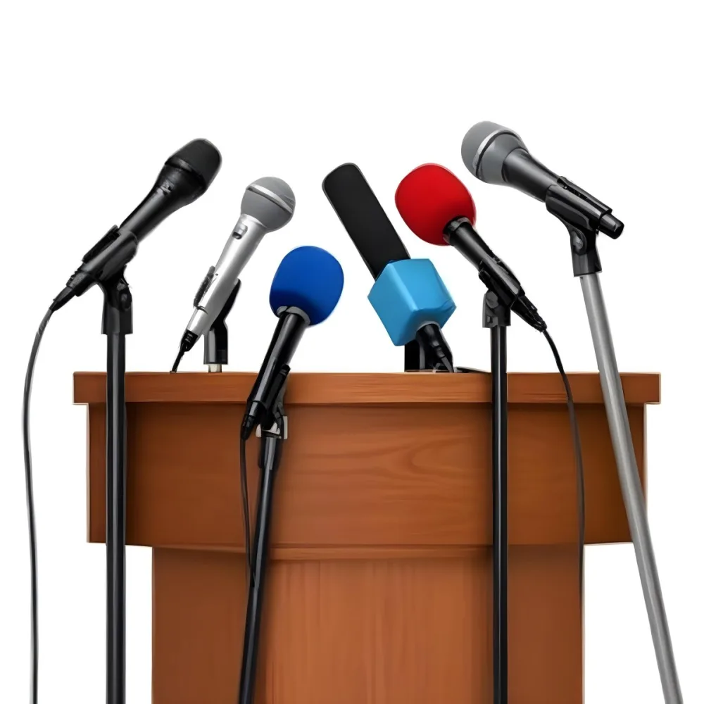 A Wooden Podium With Multiple Microphones With Different Colors In A White Background 3 1362