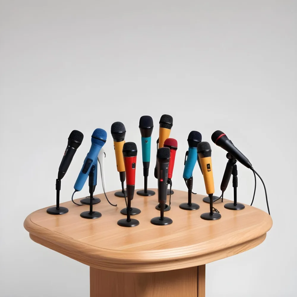 A Wooden Podium With Multiple Microphones With Different Colors In A White Background 4 D74f