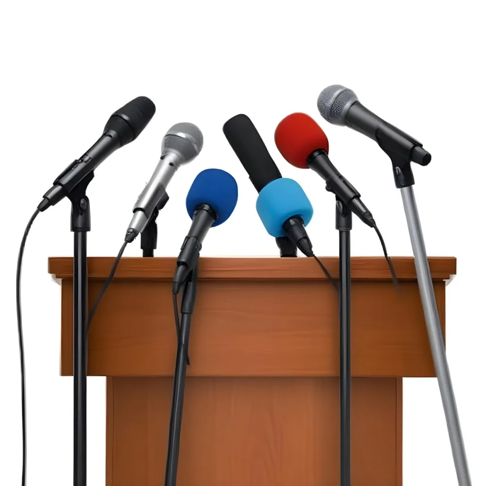 A Wooden Podium With Multiple Microphones With Different Colors In A White Background 5 F330