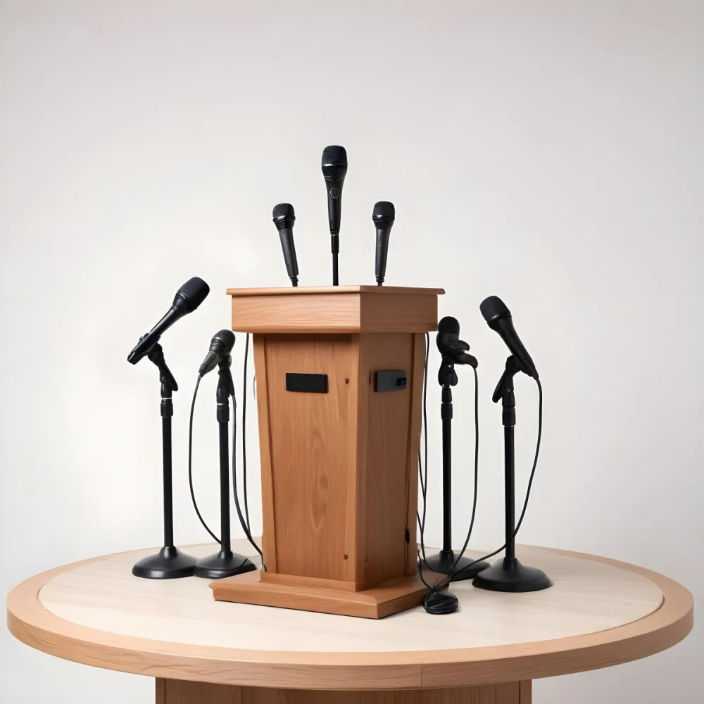 A Wooden Podium With Multiple Microphones With Different Colors In A White Background 6 7f86