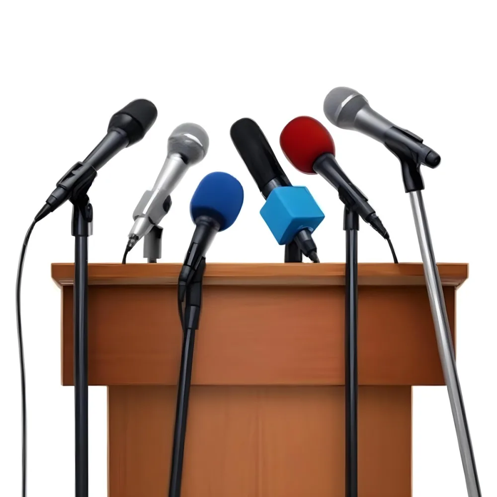 A Wooden Podium With Multiple Microphones With Different Colors In A White Background 7 A0b3