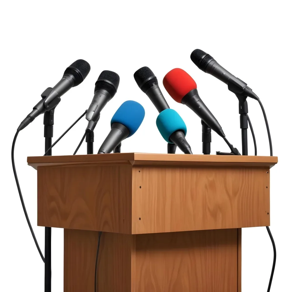 A Wooden Podium With Multiple Microphones With Different Colors In A White Background 8 D033