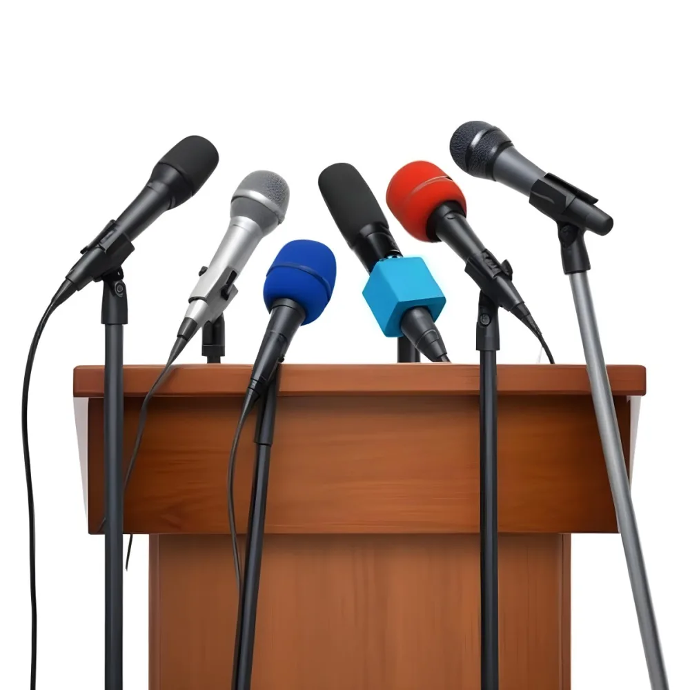 A Wooden Podium With Multiple Microphones With Different Colors In A White Background 9 0b4e