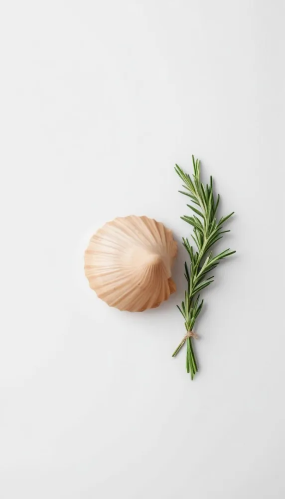 A Wooden Seashell And A Rosemary Branch On A White Background Minimalist Composition Soft Lighting Natural Materials Clean Aesthetic Studio Shot Simple Elegance Organic Elements 31 635a
