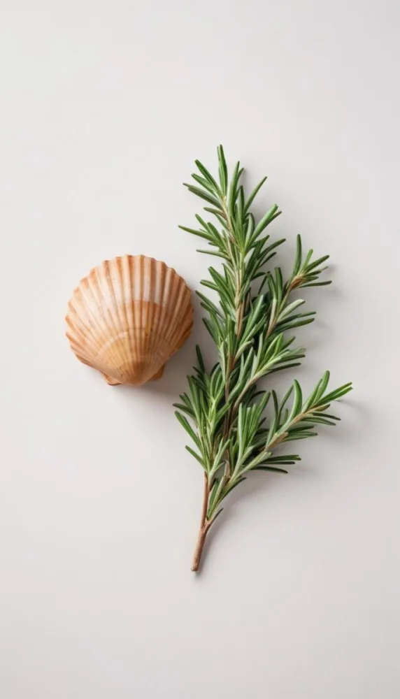 A Wooden Seashell And A Rosemary Branch On A White Background Minimalist Composition Soft Lighting Natural Materials Clean Aesthetic Studio Shot Simple Elegance Organic Elements 35 11a4