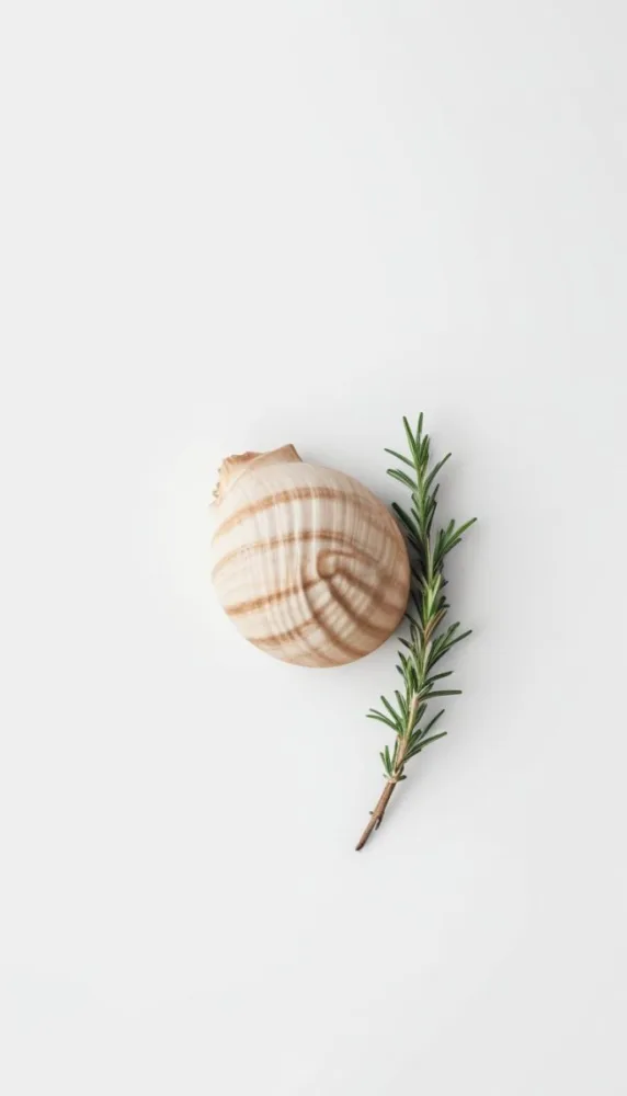 A Wooden Seashell And A Rosemary Branch On A White Background Minimalist Composition Soft Lighting Natural Materials Clean Aesthetic Studio Shot Simple Elegance Organic Elements 36 D9bf