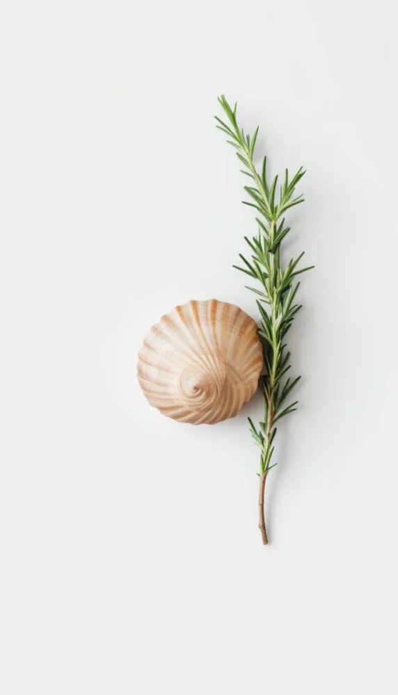 A Wooden Seashell And A Rosemary Branch On A White Background Minimalist Composition Soft Lighting Natural Materials Clean Aesthetic Studio Shot Simple Elegance Organic Elements 39 754c
