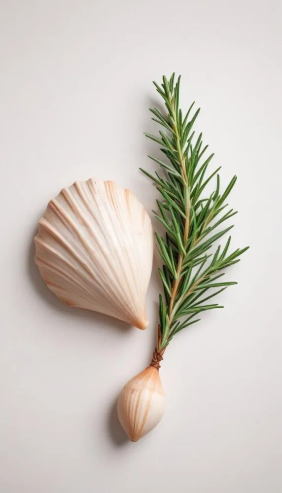 A Wooden Seashell And A Rosemary Branch On A White Background Minimalist Composition Soft Lighting Natural Materials Clean Aesthetic Studio Shot Simple Elegance Organic Elements 45 15aa