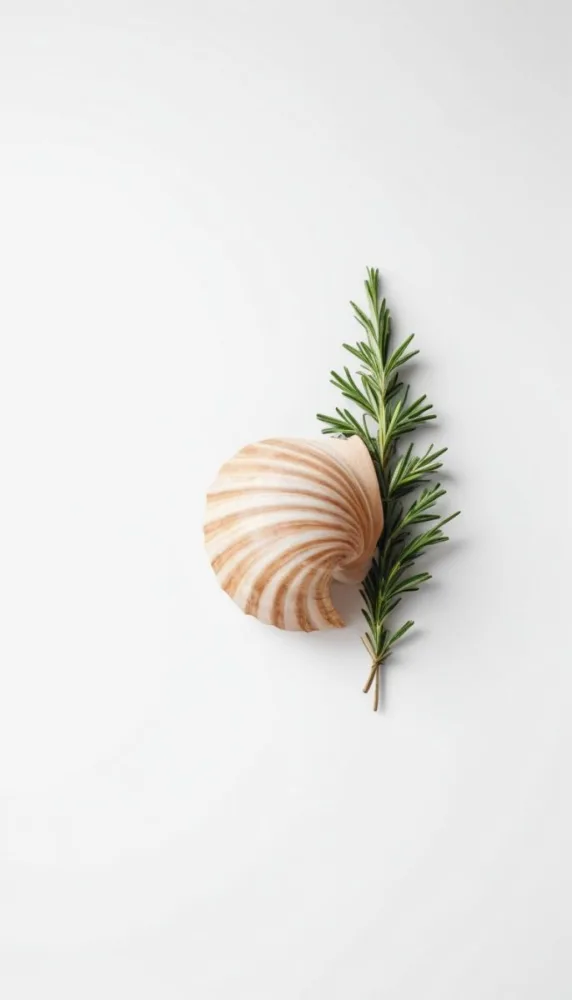 A Wooden Seashell And A Rosemary Branch On A White Background Minimalist Composition Soft Lighting Natural Materials Clean Aesthetic Studio Shot Simple Elegance Organic Elements 7 3b10