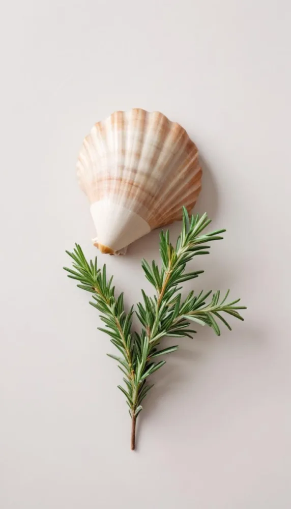 A Wooden Seashell And A Rosemary Branch On A White Background Minimalist Composition Soft Lighting Natural Materials Clean Aesthetic Studio Shot Simple Elegance Organic Elements 9 1140