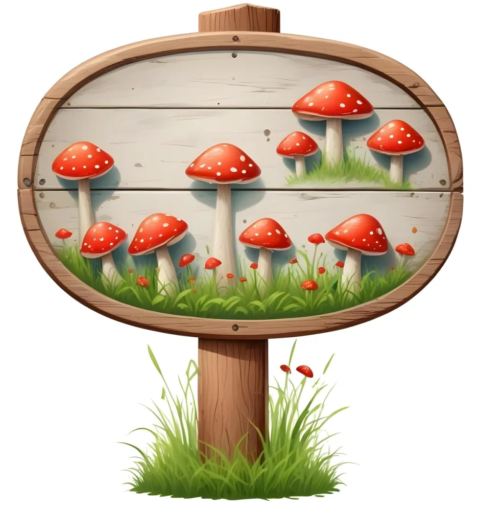 A Wooden Sign With An Oval Shape On A Wooden Pole Surrounded By Green Grass And Small Red Mushrooms Isolated On A White Background 6 C768