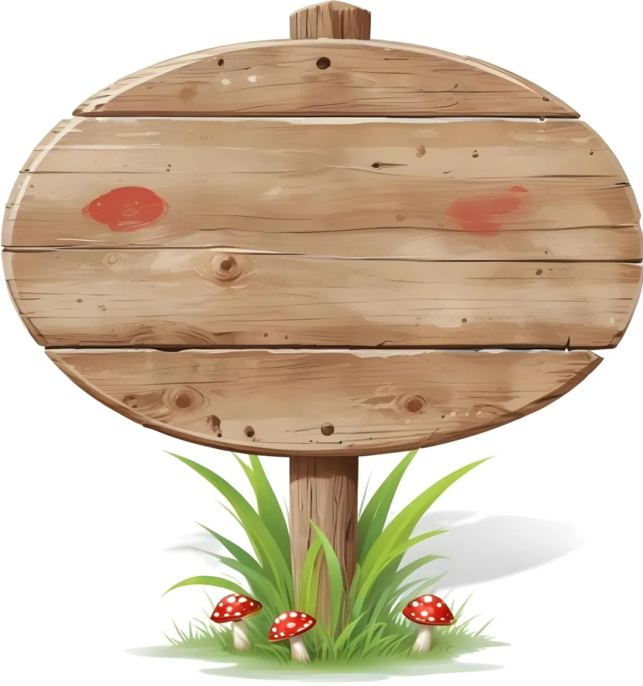 A Wooden Sign With An Oval Shape On A Wooden Pole Surrounded By Green Grass And Small Red Mushrooms Isolated On A White Background 7 8354