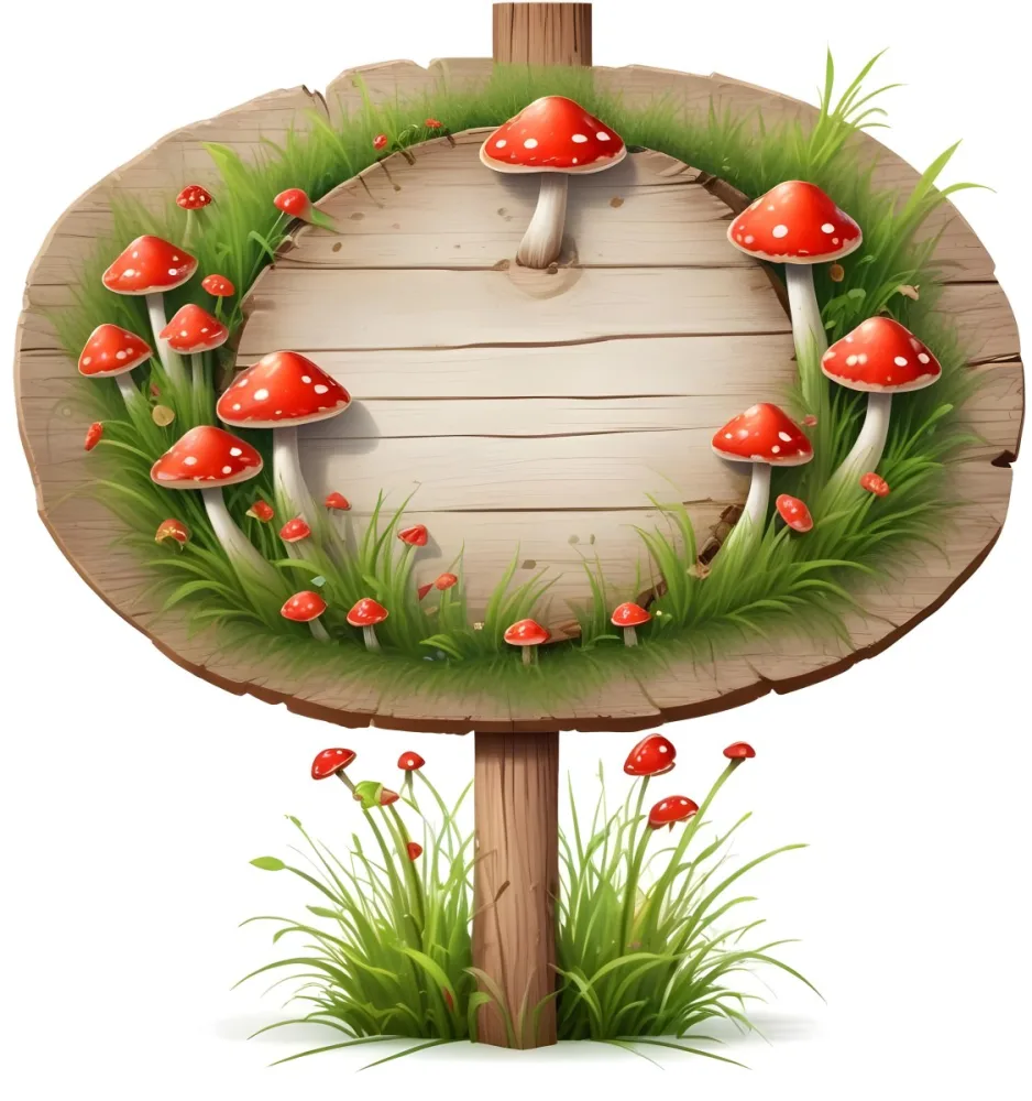 A Wooden Sign With An Oval Shape On A Wooden Pole Surrounded By Green Grass And Small Red Mushrooms Isolated On A White Background 8 Cd32
