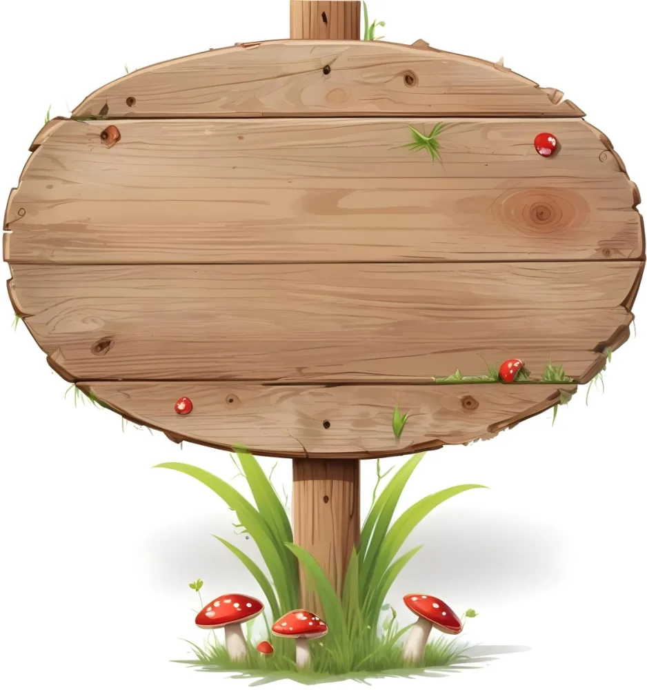 A Wooden Sign With An Oval Shape On A Wooden Pole Surrounded By Green Grass And Small Red Mushrooms Isolated On A White Background 9 2841