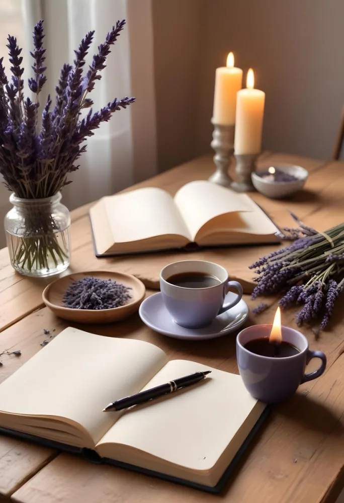 A Wooden Table With A Notebook A Pen A Cup Of Coffee And Some Lit Candles In The Background There Is A Vase With Dried Lavender Flowers The Scene Is Set In Daylight With Soft Natural Light 4 760d