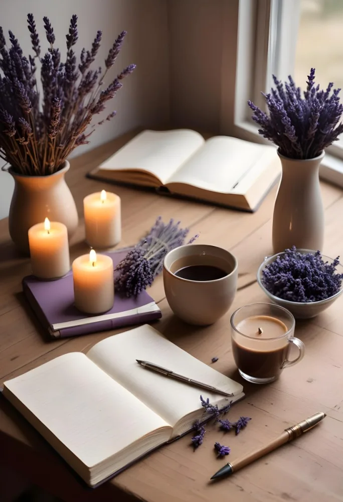A Wooden Table With A Notebook A Pen A Cup Of Coffee And Some Lit Candles In The Background There Is A Vase With Dried Lavender Flowers The Scene Is Set In Daylight With Soft Natural Light 5 D039
