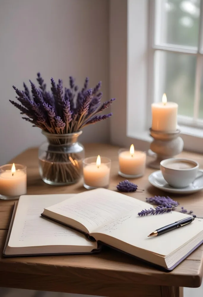 A Wooden Table With A Notebook A Pen A Cup Of Coffee And Some Lit Candles In The Background There Is A Vase With Dried Lavender Flowers The Scene Is Set In Daylight With Soft Natural Light 6 E590