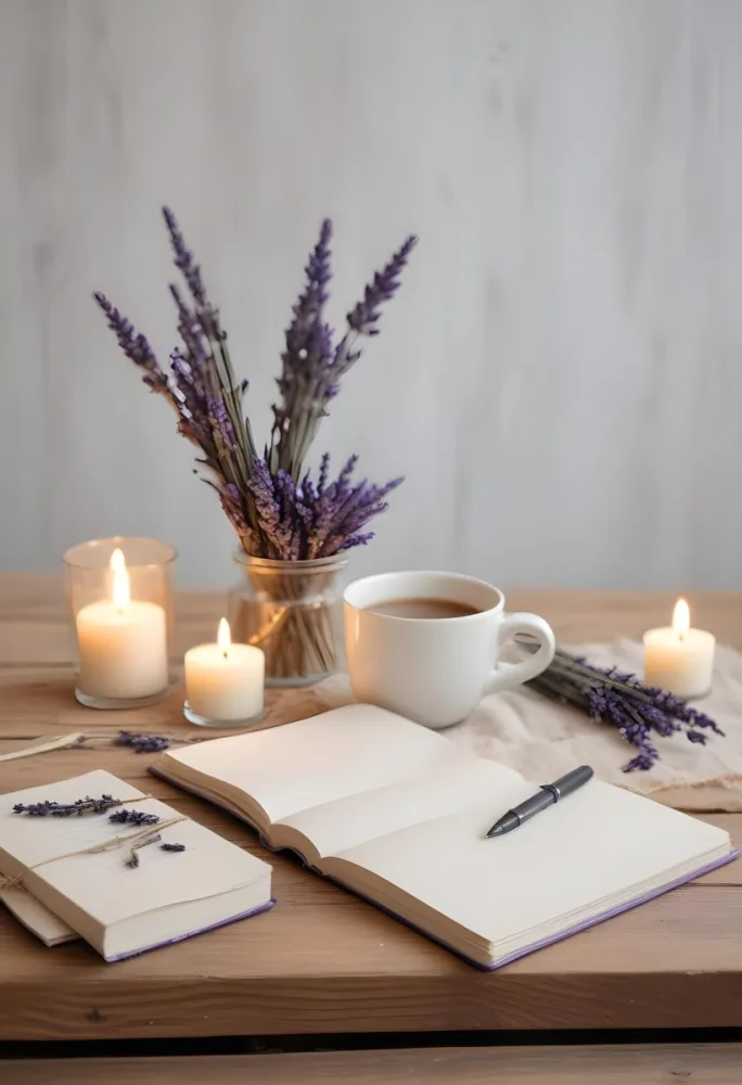 A Wooden Table With A Notebook A Pen A Cup Of Coffee And Some Lit Candles In The Background There Is A Vase With Dried Lavender Flowers The Scene Is Set In Daylight With Soft Natural Light 7 Df76