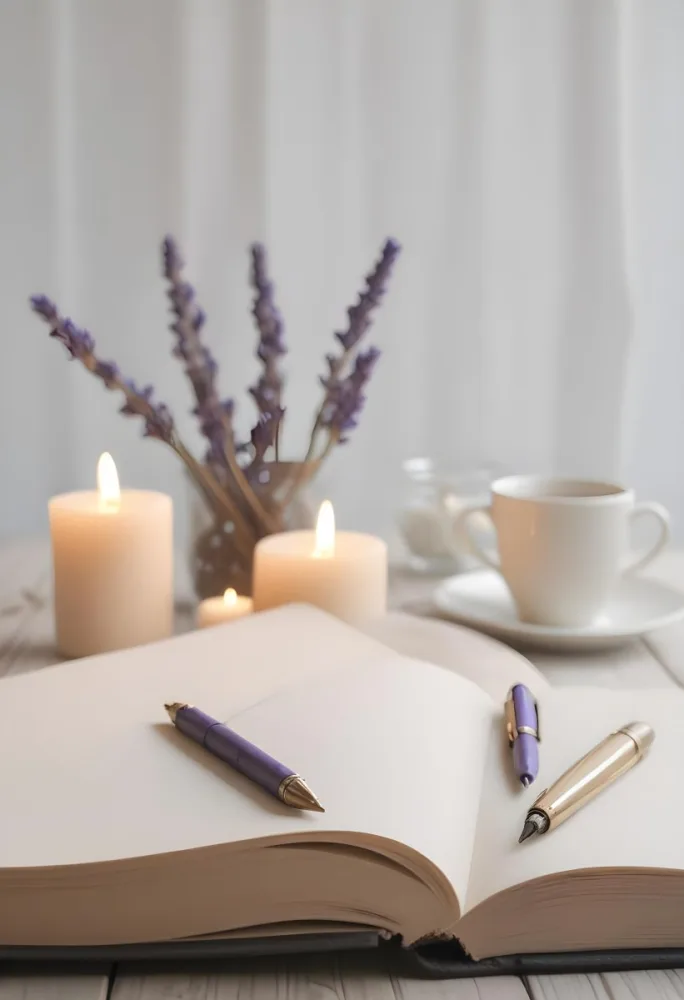 A Wooden Table With A Notebook A Pen A Cup Of Coffee And Some Lit Candles In The Background There Is A Vase With Dried Lavender Flowers The Scene Is Set In Daylight With Soft Natural Light 8 5dc5