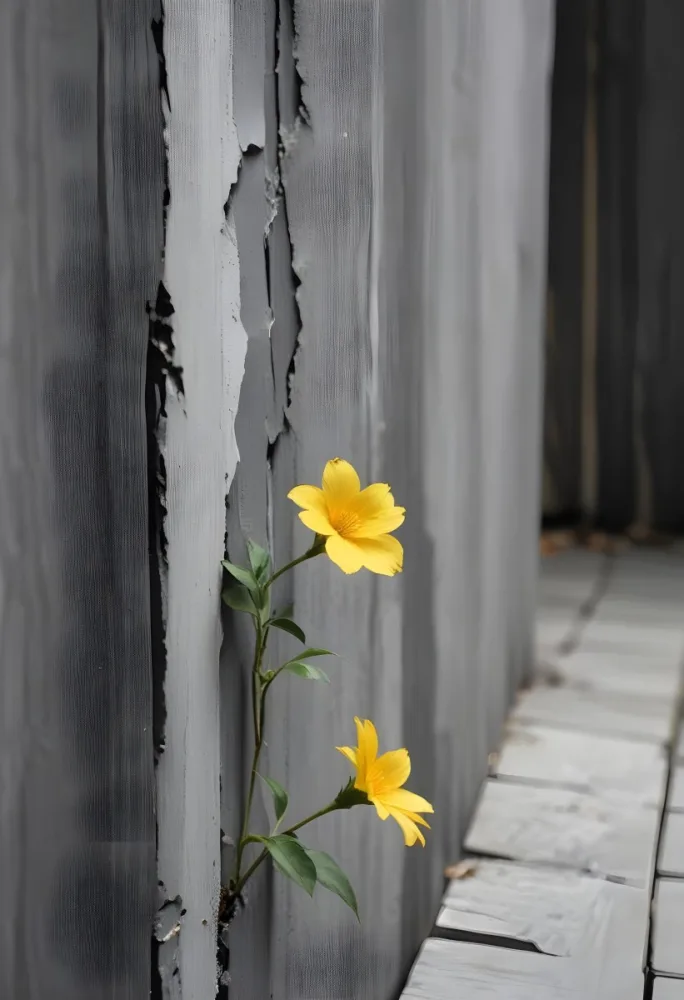 A Yellow Flower Growing Out Of A Crack In A Gray Wooden Wall With Another Flower In The Foreground In A Garden 16 50a9