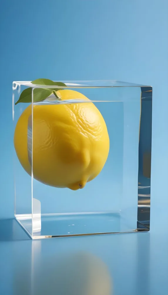 A Yellow Lemon On A Clear Glass Cube Against A Blue Background 1 00a8