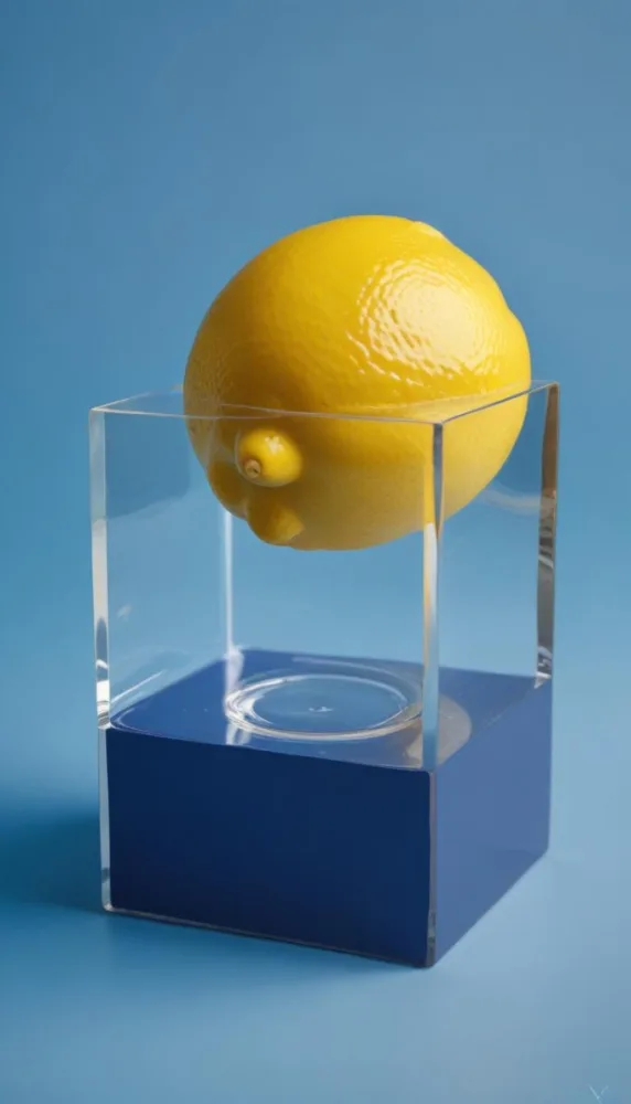 A Yellow Lemon On A Clear Glass Cube Against A Blue Background 1 9dcc
