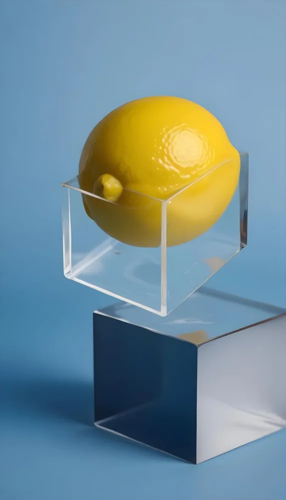 A Yellow Lemon On A Clear Glass Cube Against A Blue Background 2 9cc6