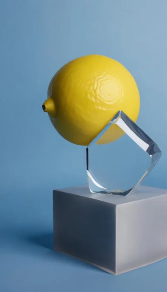 A Yellow Lemon On A Clear Glass Cube Against A Blue Background 2 B144