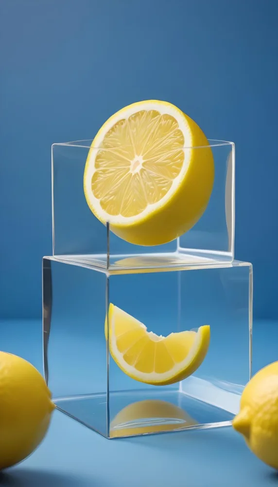 A Yellow Lemon On A Clear Glass Cube Against A Blue Background 3 Af17