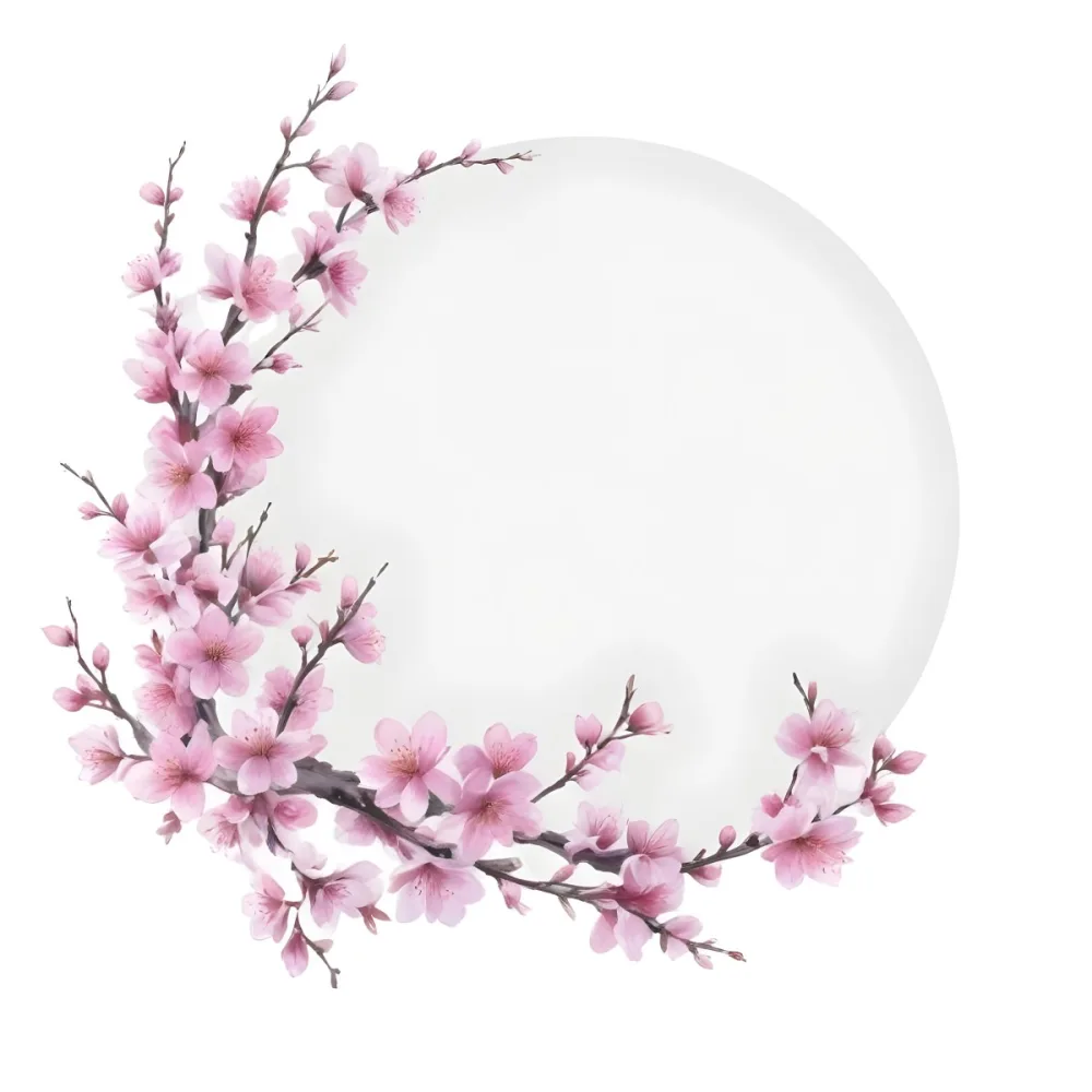 A Young Asian Woman With Long Black Hair Wearing A Pink Dress Standing In Front Of A White Background With Pink Cherry Blossom Flowers 1 F0fb