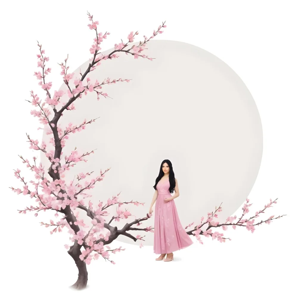A Young Asian Woman With Long Black Hair Wearing A Pink Dress Standing In Front Of A White Background With Pink Cherry Blossom Flowers 2 5273