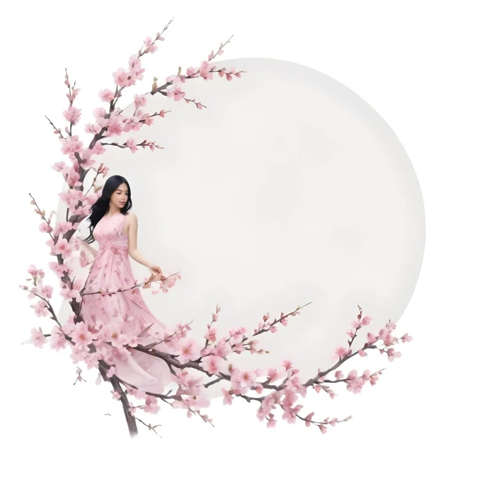 A Young Asian Woman With Long Black Hair Wearing A Pink Dress Standing In Front Of A White Background With Pink Cherry Blossom Flowers 4 B350