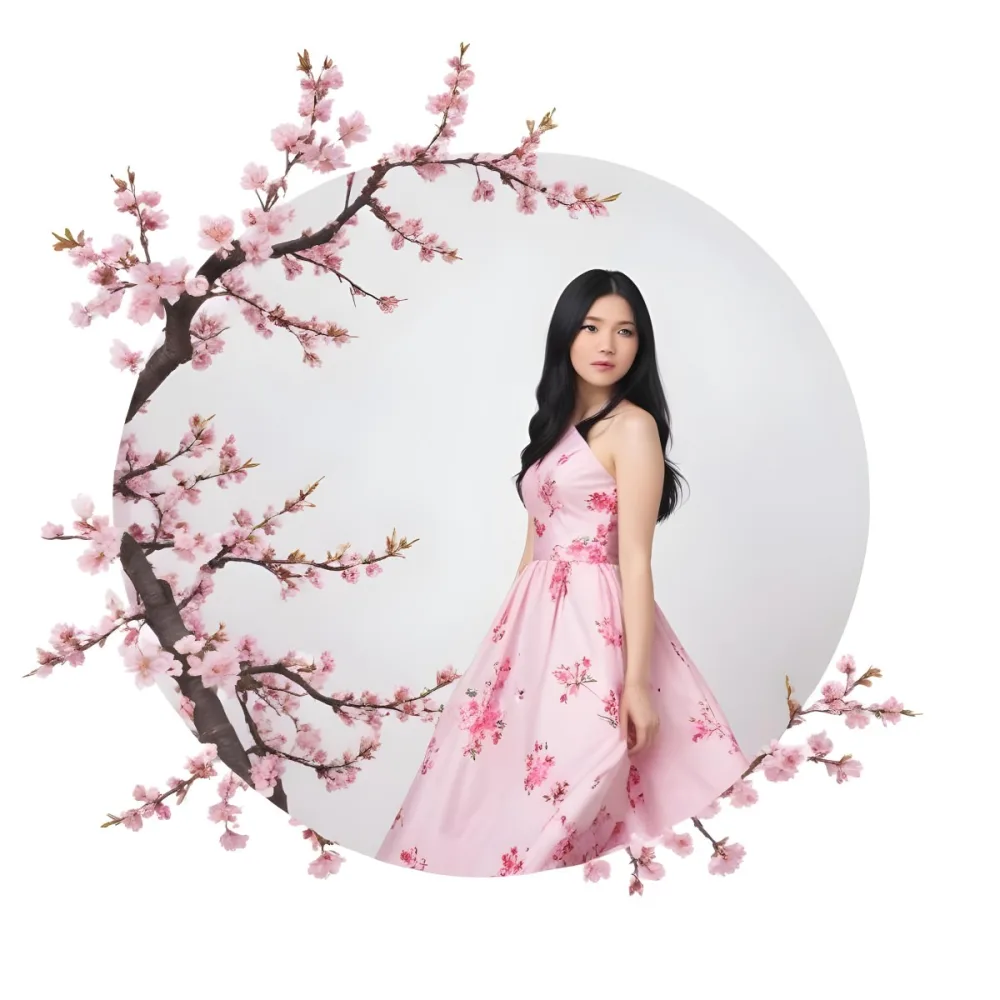 A Young Asian Woman With Long Black Hair Wearing A Pink Dress Standing In Front Of A White Background With Pink Cherry Blossom Flowers 6 E5fb
