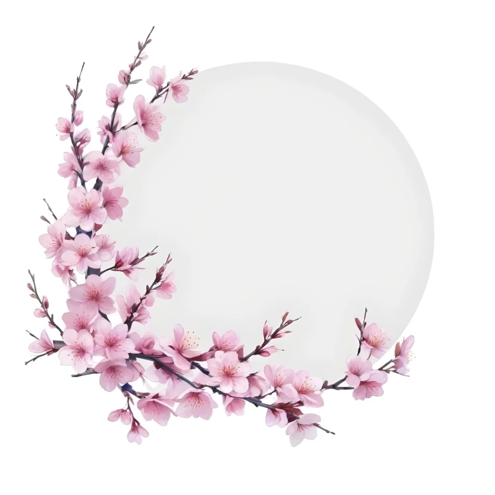 A Young Asian Woman With Long Black Hair Wearing A Pink Dress Standing In Front Of A White Background With Pink Cherry Blossom Flowers 7 Afa0