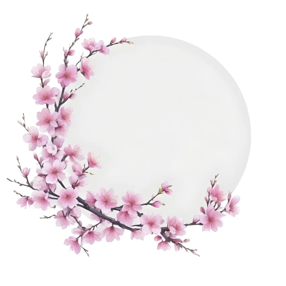 A Young Asian Woman With Long Black Hair Wearing A Pink Dress Standing In Front Of A White Background With Pink Cherry Blossom Flowers 8 D5e3