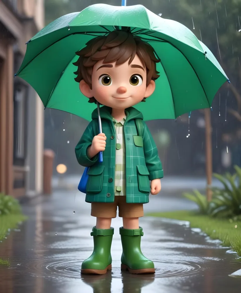 A Young Boy With Brown Hair Wearing A Green And White Striped Outfit Holding A Green Watering Can And Standing Under A Blue And Green Umbrella In The Rain 10 A313