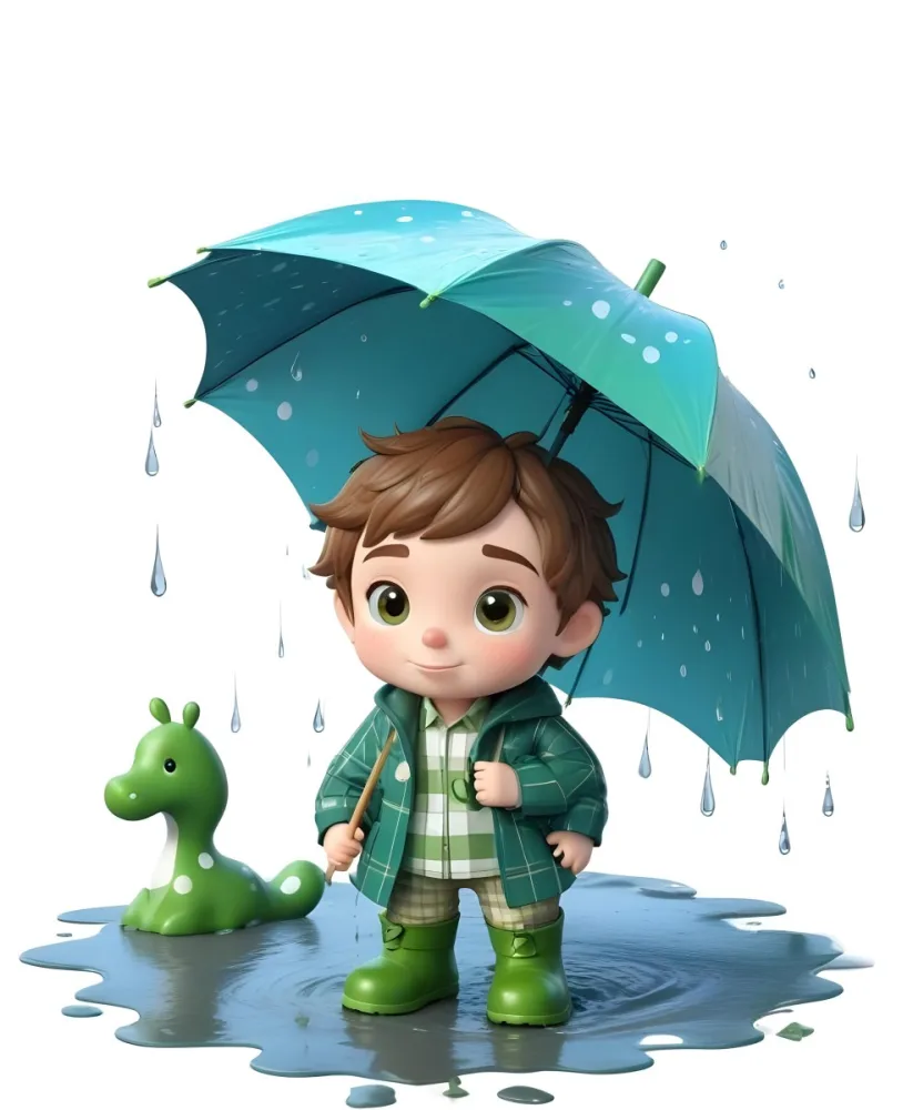 A Young Boy With Brown Hair Wearing A Green And White Striped Outfit Holding A Green Watering Can And Standing Under A Blue And Green Umbrella In The Rain 12 D79a