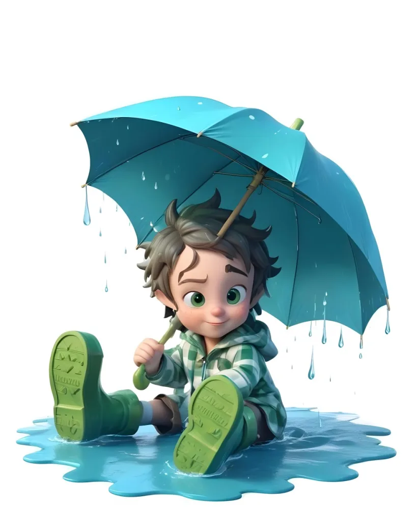 A Young Boy With Brown Hair Wearing A Green And White Striped Outfit Holding A Green Watering Can And Standing Under A Blue And Green Umbrella In The Rain 13 4e8a