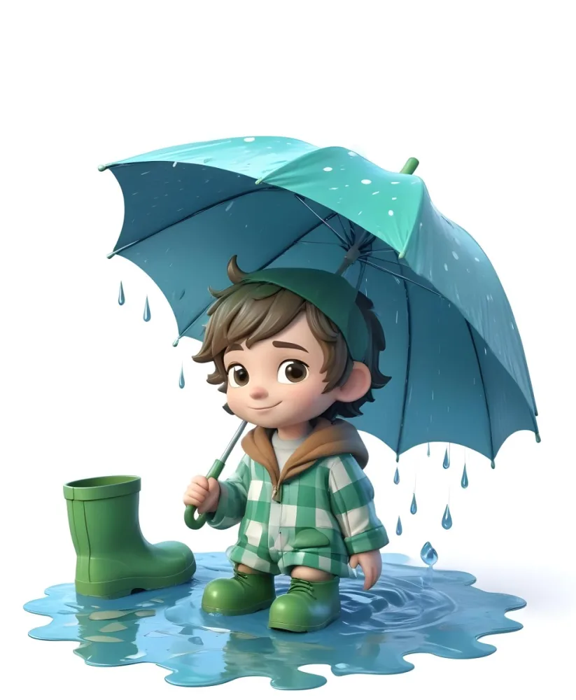 A Young Boy With Brown Hair Wearing A Green And White Striped Outfit Holding A Green Watering Can And Standing Under A Blue And Green Umbrella In The Rain 14 34d7