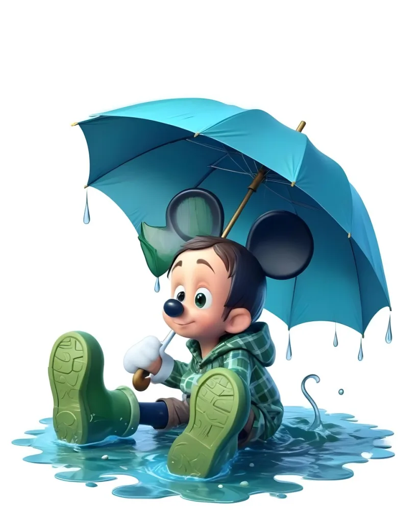 A Young Boy With Brown Hair Wearing A Green And White Striped Outfit Holding A Green Watering Can And Standing Under A Blue And Green Umbrella In The Rain 17 C06e
