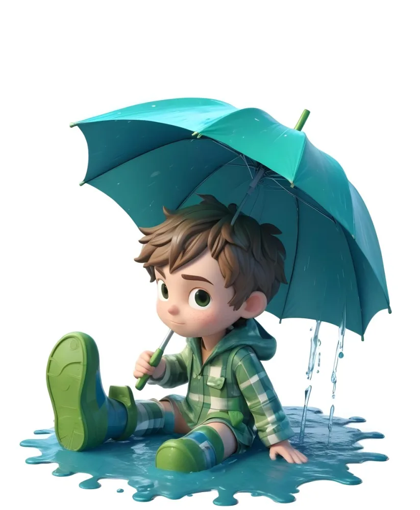 A Young Boy With Brown Hair Wearing A Green And White Striped Outfit Holding A Green Watering Can And Standing Under A Blue And Green Umbrella In The Rain 2 F14c