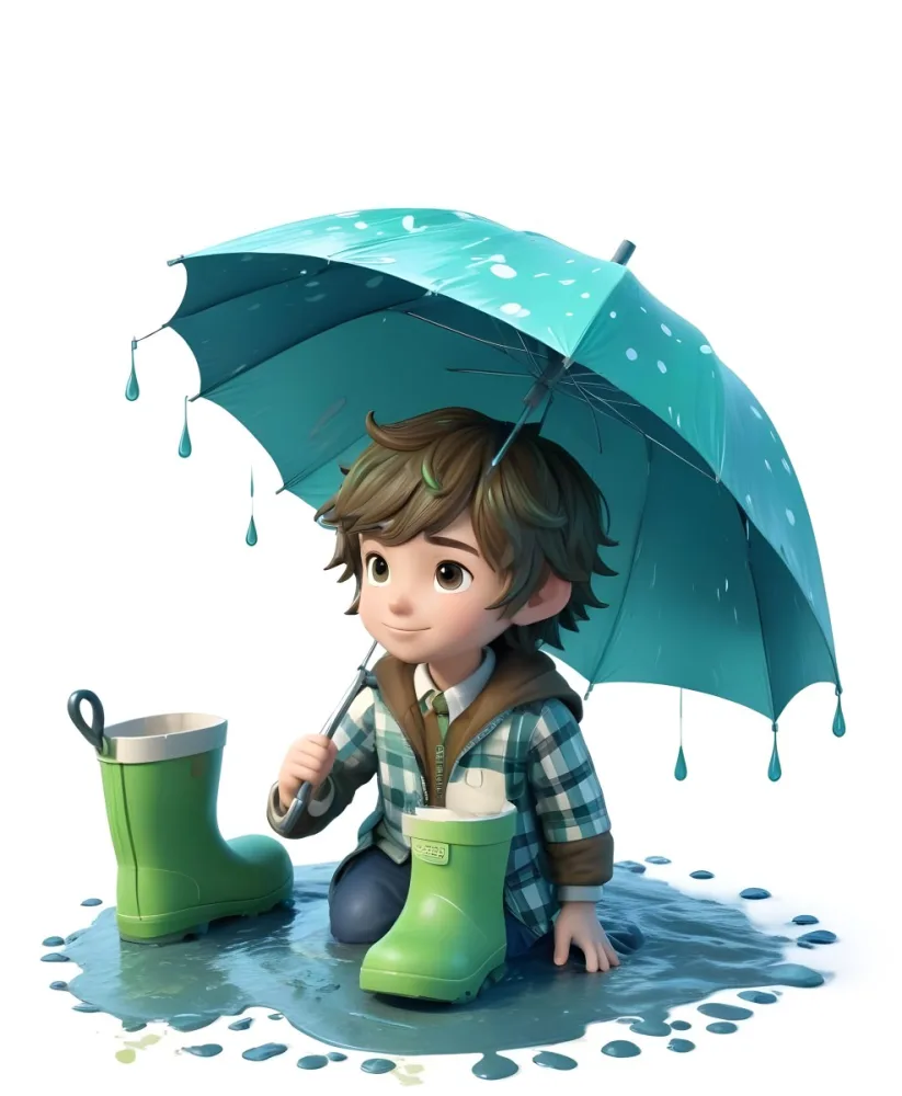 A Young Boy With Brown Hair Wearing A Green And White Striped Outfit Holding A Green Watering Can And Standing Under A Blue And Green Umbrella In The Rain 4 C6bf
