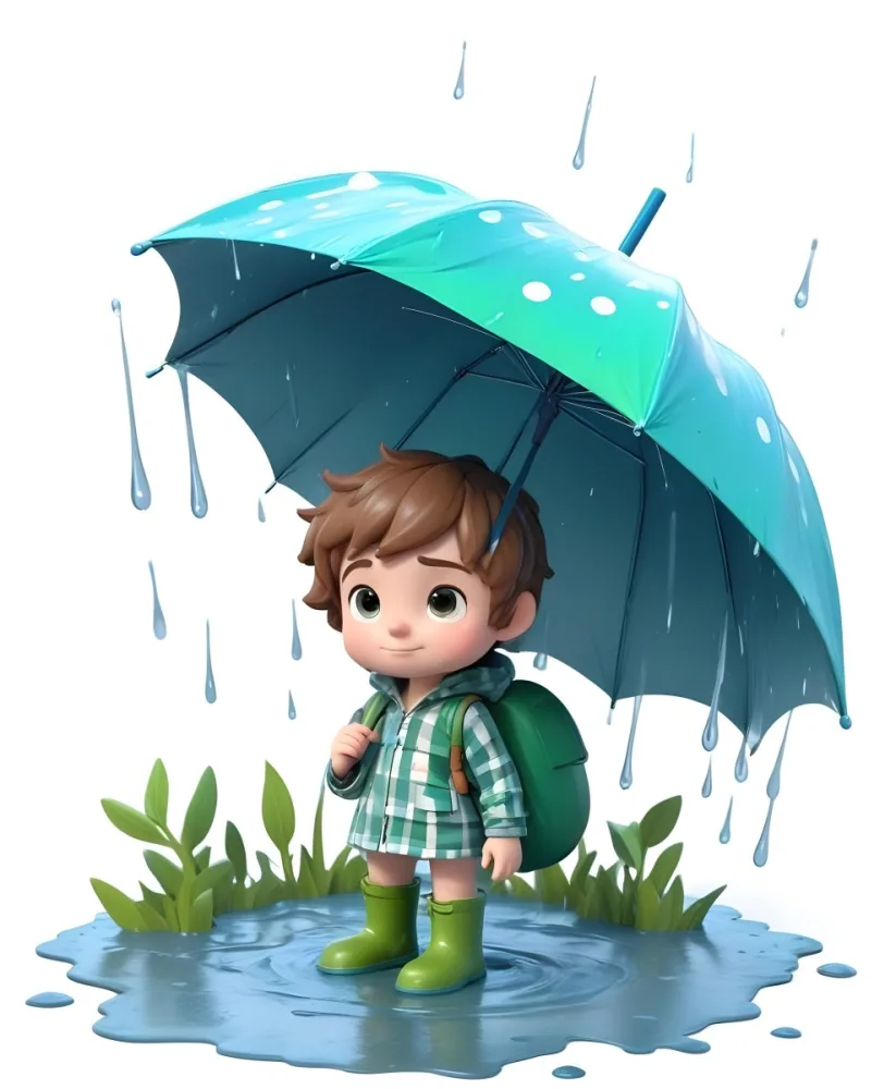 A Young Boy With Brown Hair Wearing A Green And White Striped Outfit Holding A Green Watering Can And Standing Under A Blue And Green Umbrella In The Rain 5 D3b9