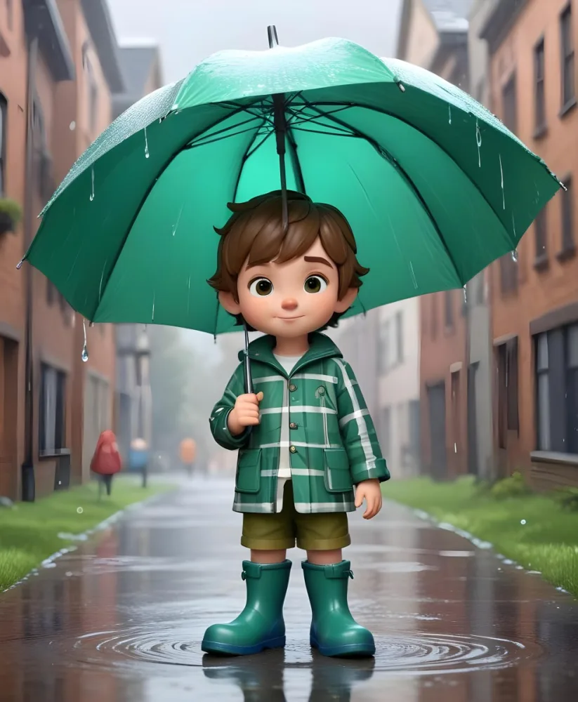 A Young Boy With Brown Hair Wearing A Green And White Striped Outfit Holding A Green Watering Can And Standing Under A Blue And Green Umbrella In The Rain 7 C312